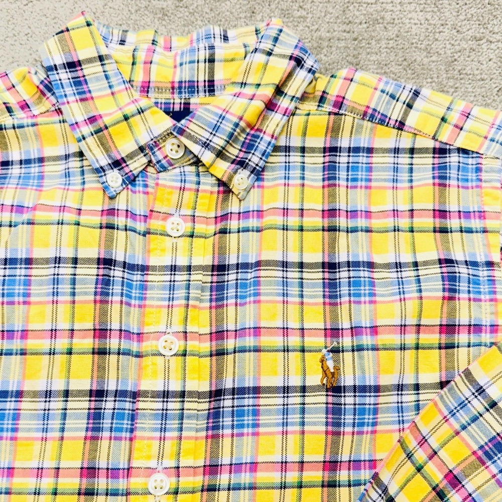 Ralph Lauren Boys Shirt Size 10 Yellow Multicolor Plaid Flesh Pony Long Sleeve